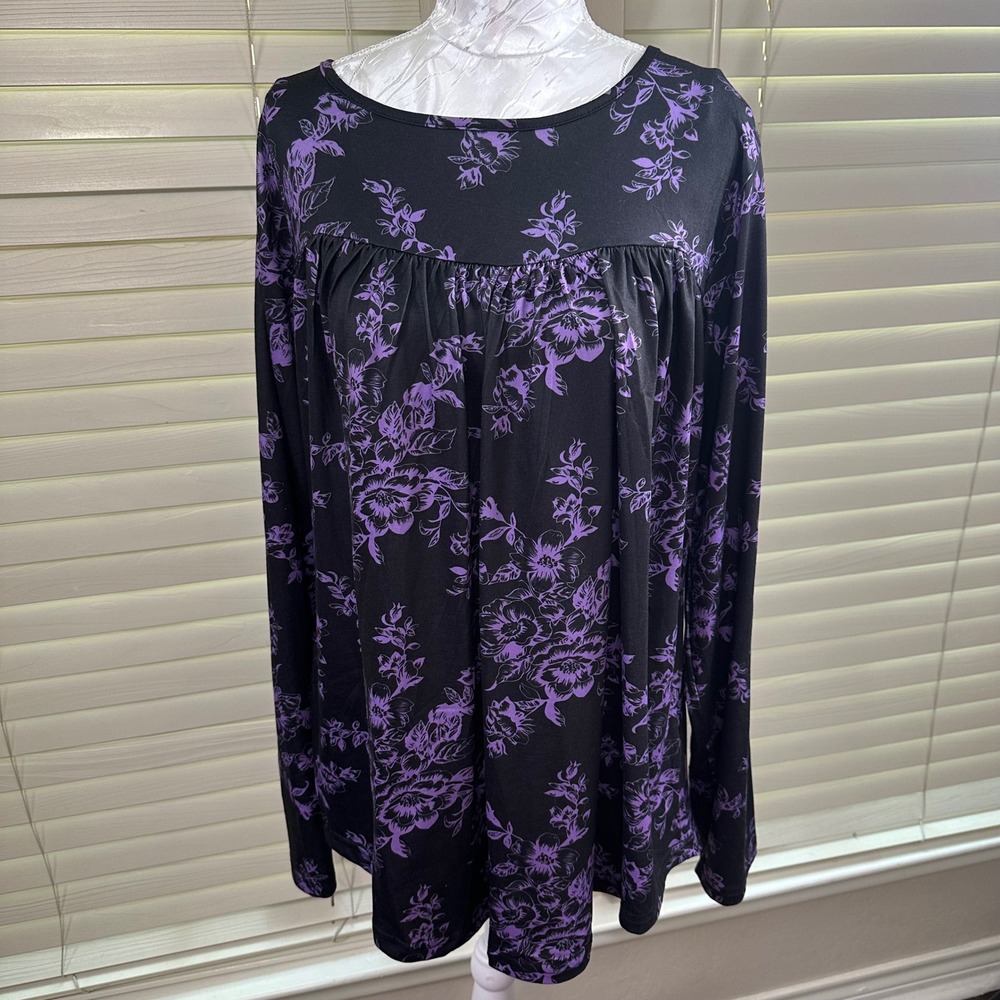 Fantaslook Tunic Top Womens XL Black Purple Floral Babydoll Long Sleeve 1172